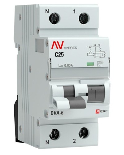 DVA-6 1P+N 25А (C) 30мА (AC) 6кА  AVERES (rcbo6-1pn-25C-30-ac-av). Автоматический выключатель дифференциального тока. EKF в Рубцовске