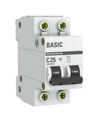 Автоматический выключатель 2P 25А (C) 4,5кА ВА 47-29 Basic (mcb4729-2-25C). Автоматический выключатель. EKF в Рубцовске