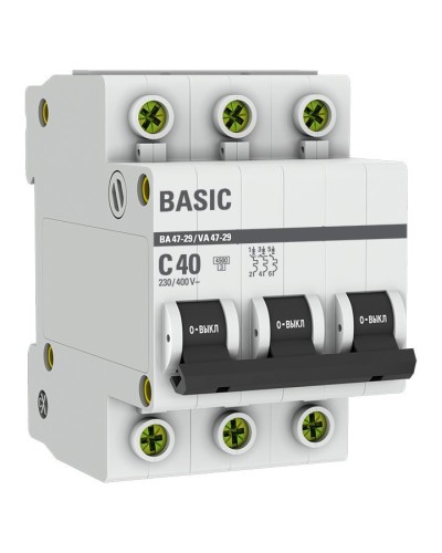Автоматический выключатель 3P 40А (C) 4,5кА ВА 47-29 Basic (mcb4729-3-40C). Автоматический выключатель. EKF в Рубцовске