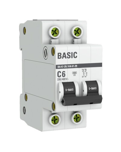 Автоматический выключатель 2P 6А (C) 4,5кА ВА 47-29 Basic (mcb4729-2-06C). Автоматический выключатель. EKF в Рубцовске