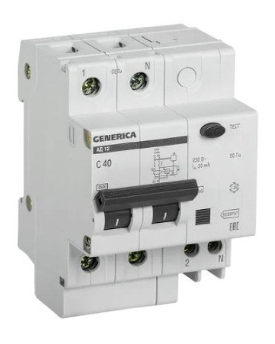 GENERICA АД12 2Р 40А 30мА (MAD15-2-040-C-030). Автоматический выключатель дифференциального тока. IEK в Рубцовске