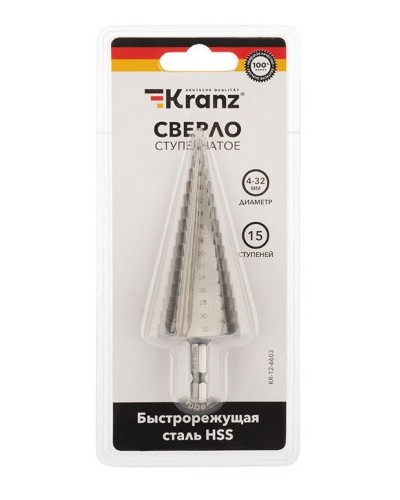 Сверло по металлу ступенчатое 4,0-32,0 мм 102 mm 62 HRC Kranz (KR-12-6603): Сверло по металлу шлифованное в Рубцовске